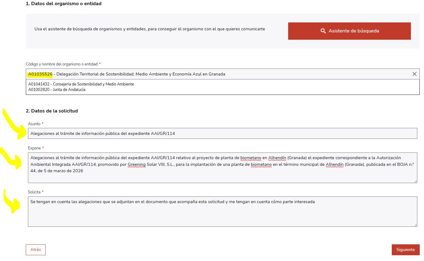 Representante, notificación y organismo destinatario