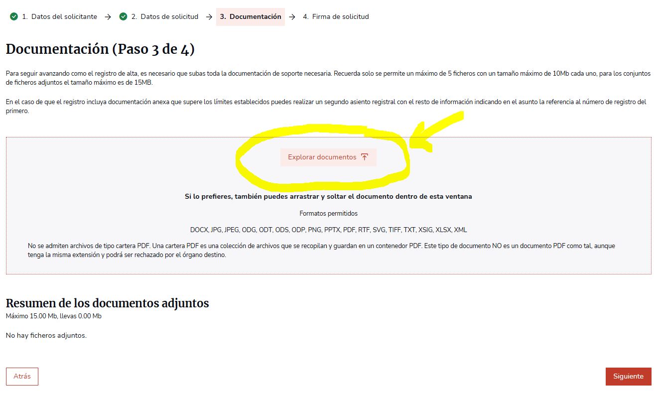 Asunto, exposición y adjuntos en el registro