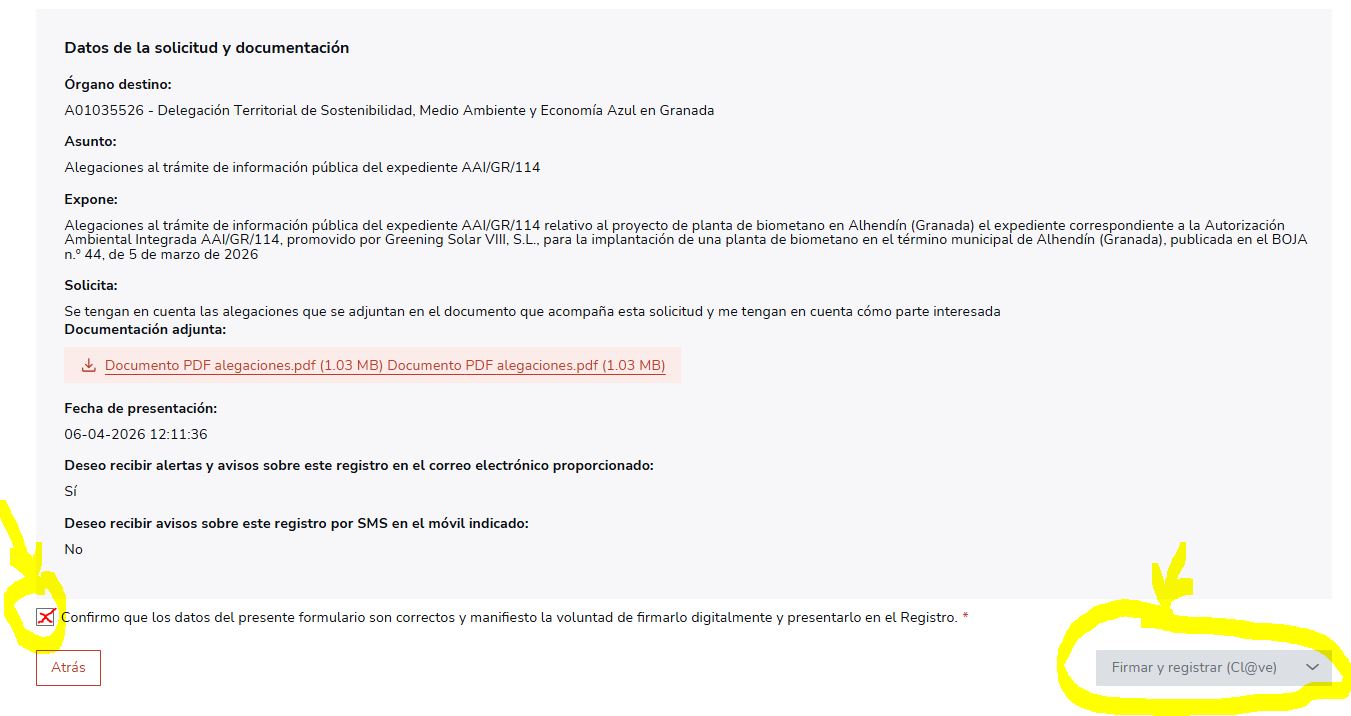Pantalla de firma de la solicitud en RED SARA