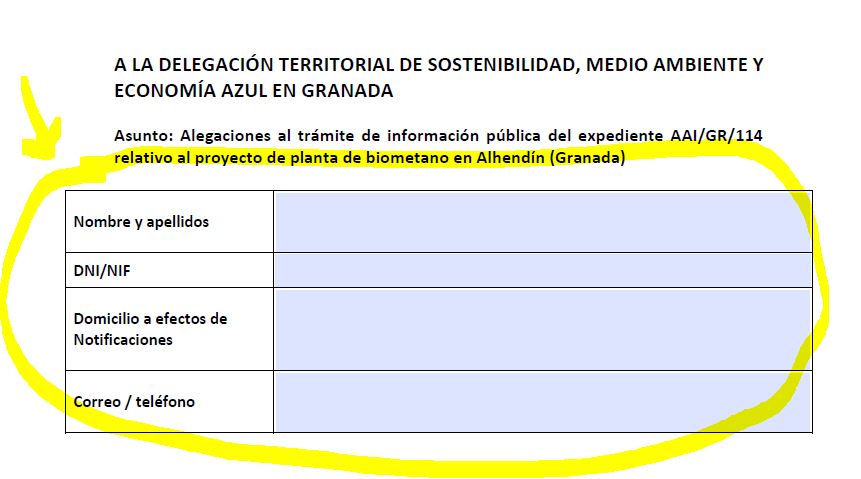 Pantalla: rellenar el documento de alegaciones (1)